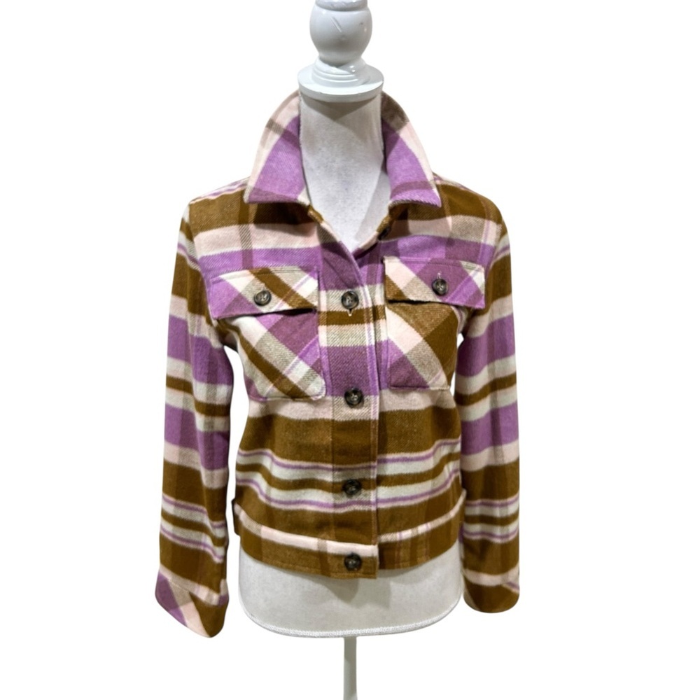 Kensie lilac & Brown cropped Plaid shacket Jacket chest flap pockets small
